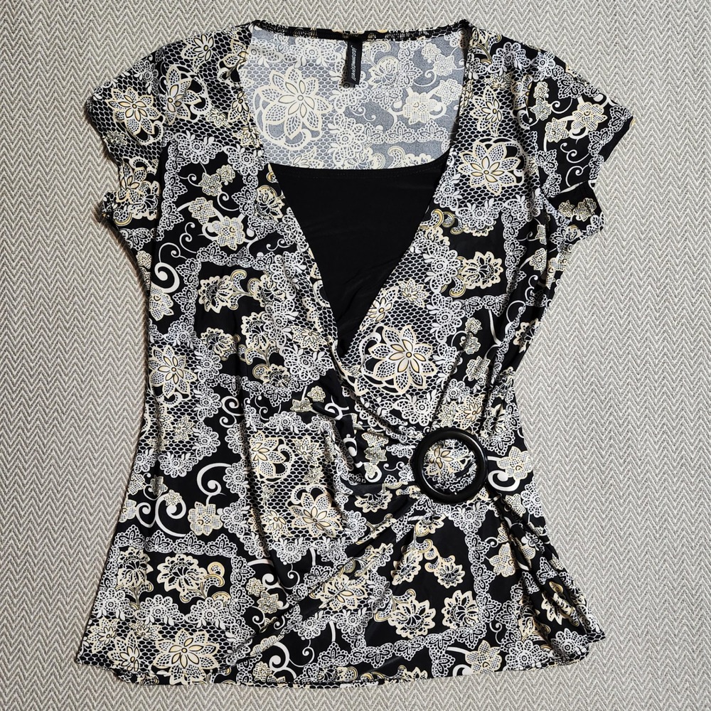 Jason Maxwell Womens Large Faux Wrap Floral Lace Print O-Ring Blouse Black White